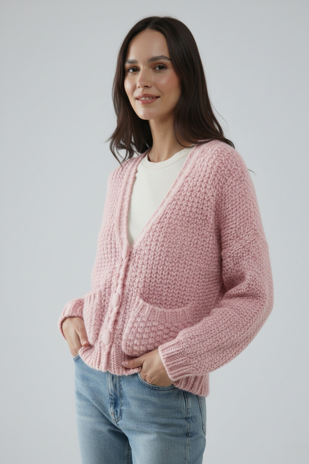 Casaco de malha volumoso cor-de-rosa de grandes dimensões com bolsos