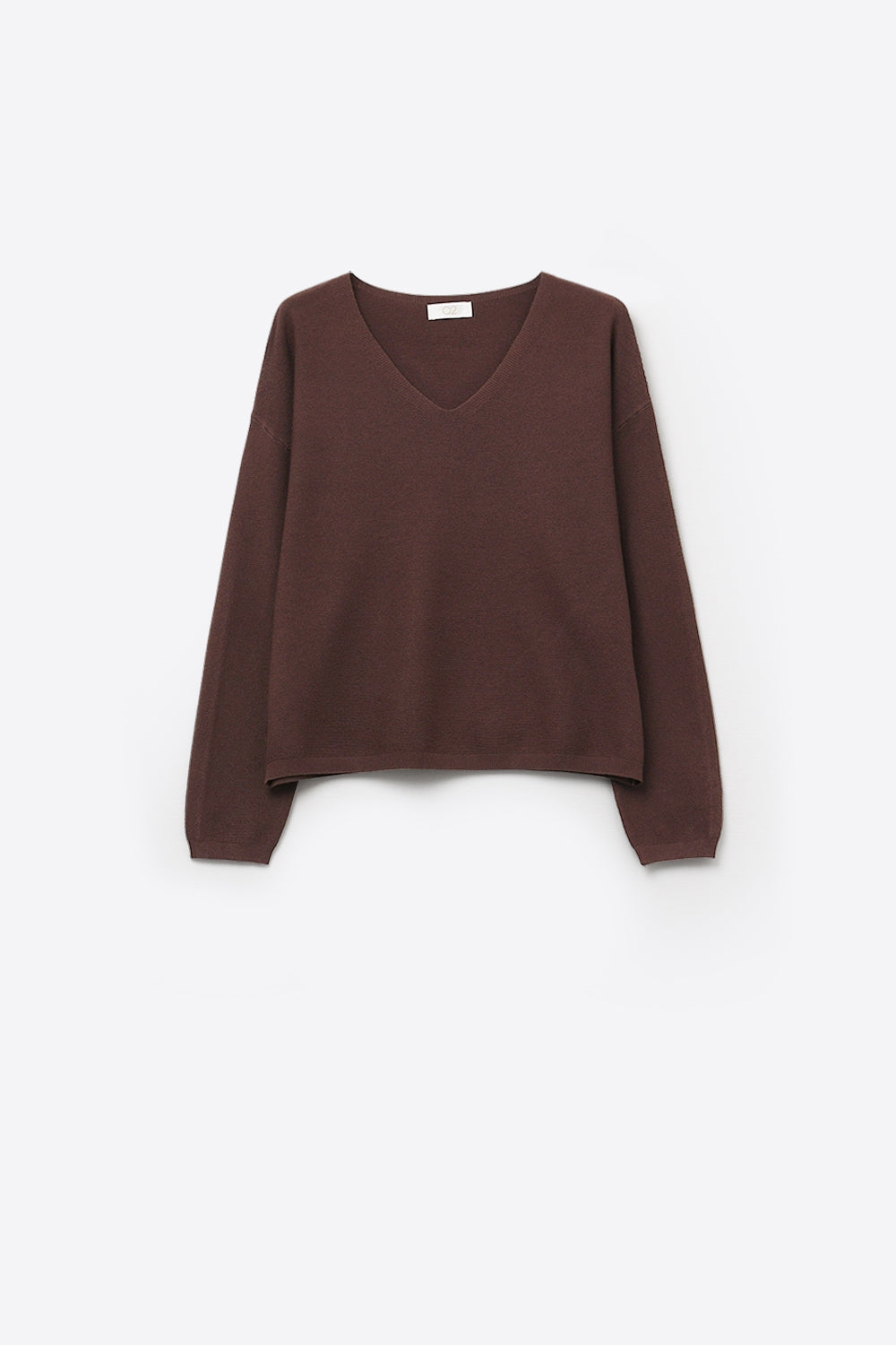 Camisola castanha de malha fina com decote em V e textura linear subtil