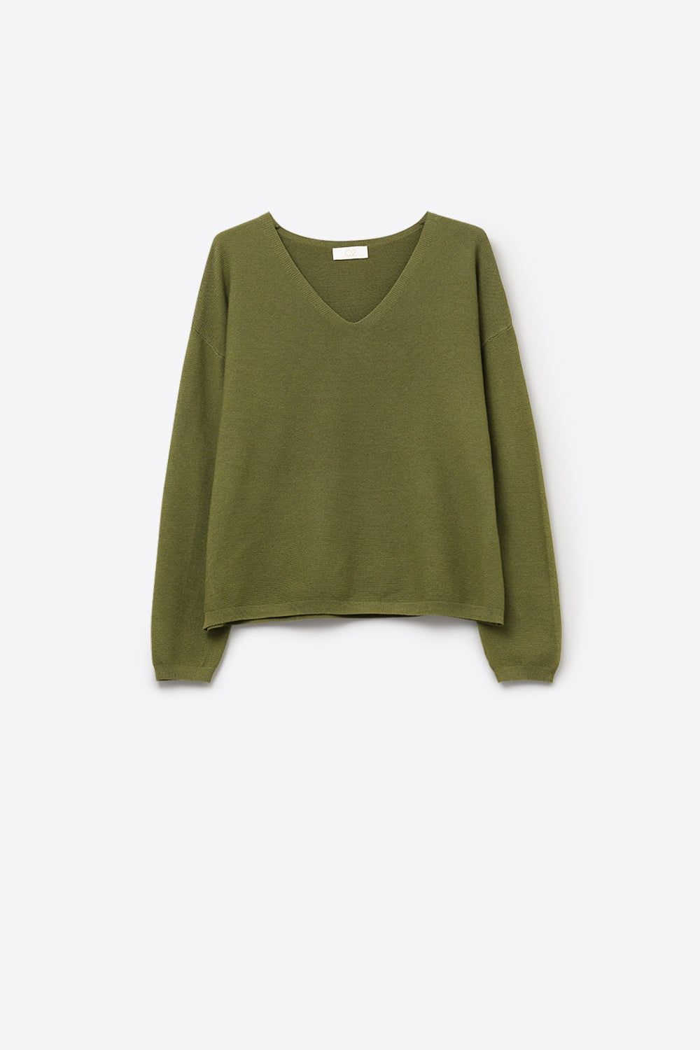Camisola caqui de malha fina com decote em V e textura linear subtil