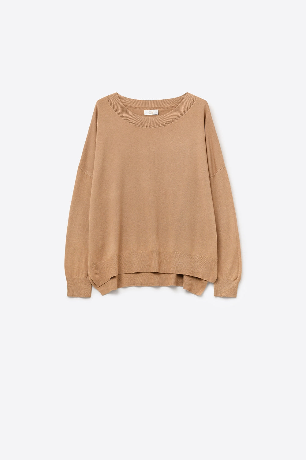 Camisola de malha camel com pormenor de gola em rede