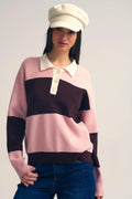 Camisola pólo de malha rosa com riscas castanhas