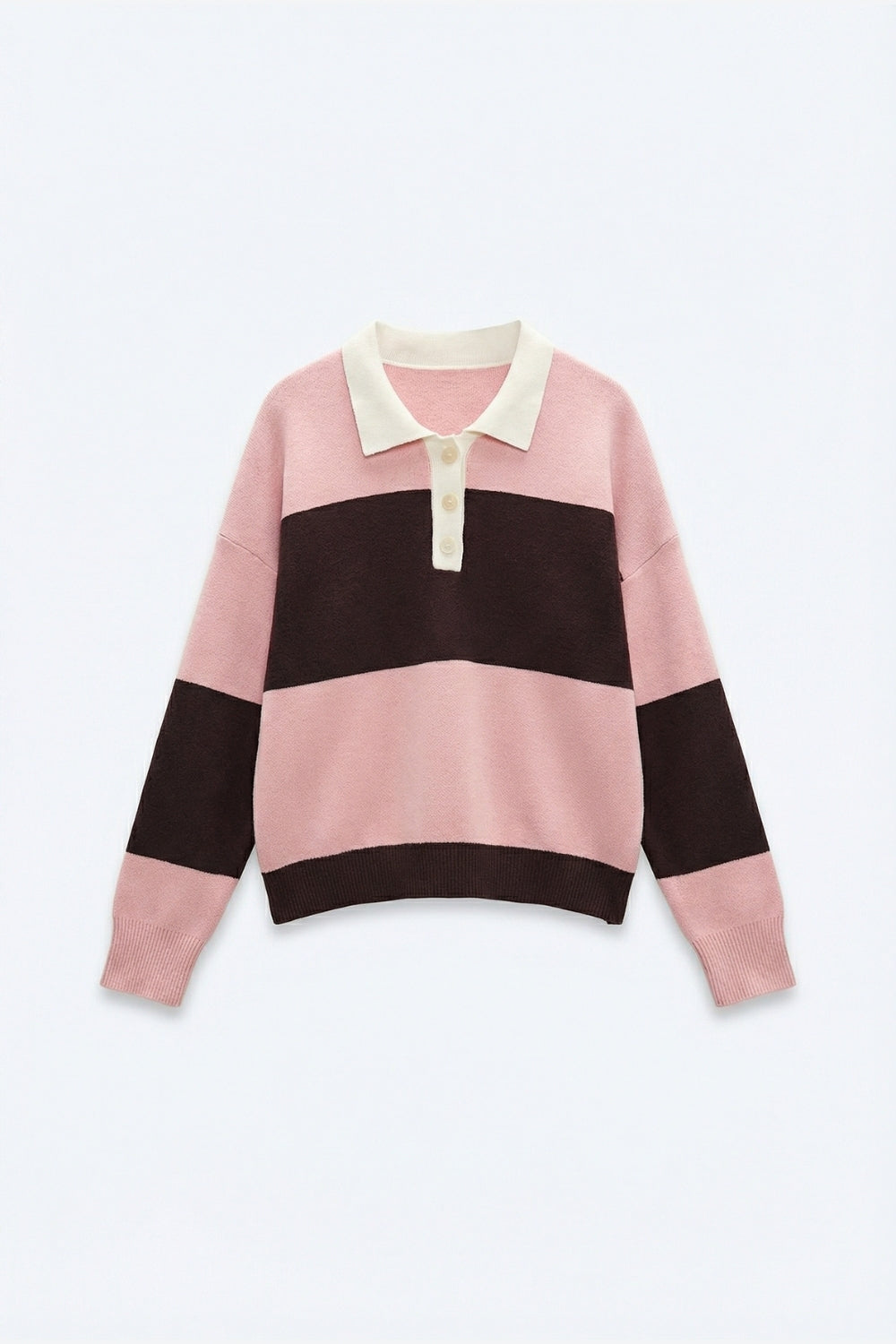 Camisola pólo de malha rosa com riscas castanhas