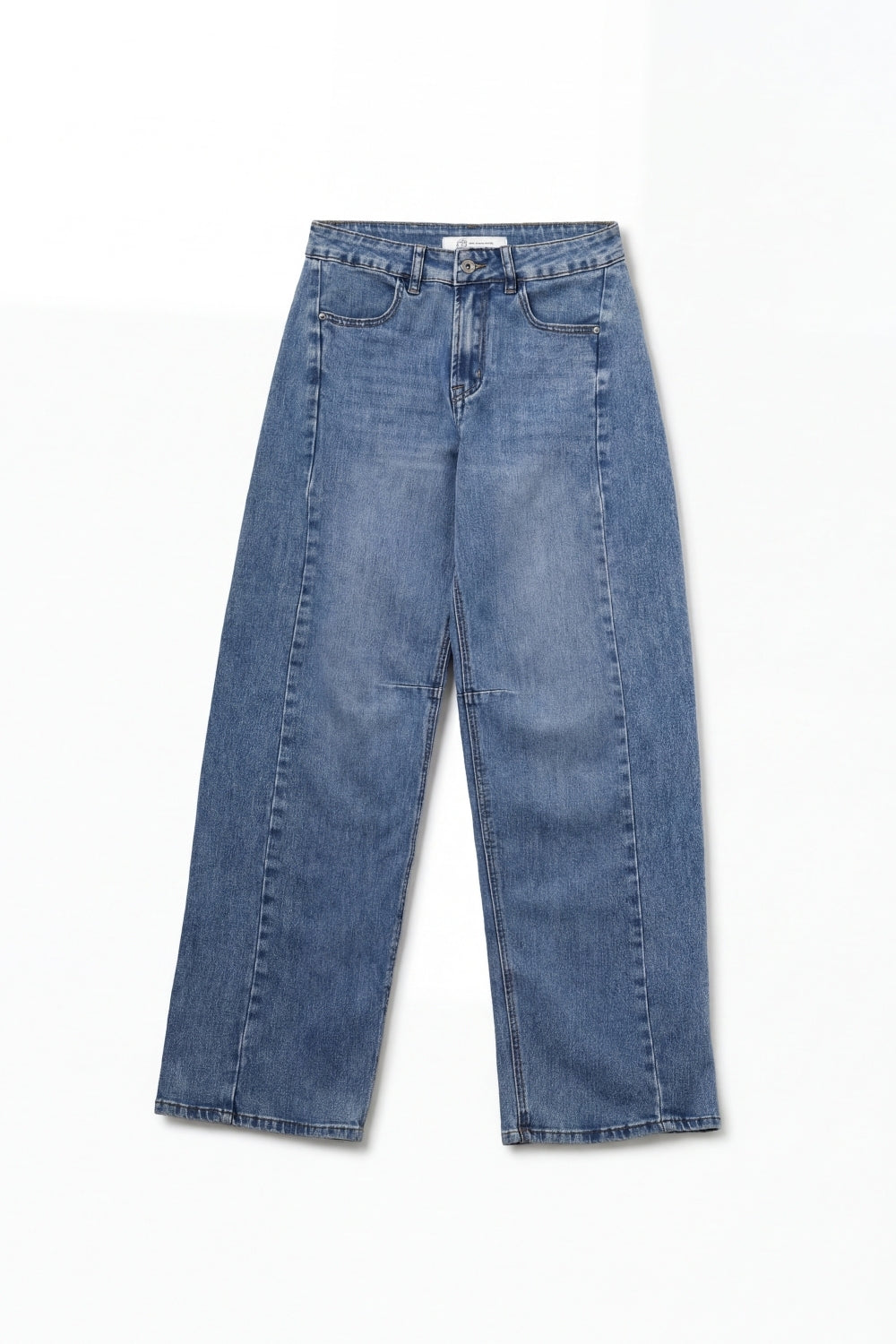 Calça de ganga direita estilo barrel com detalhe de costura no joelho