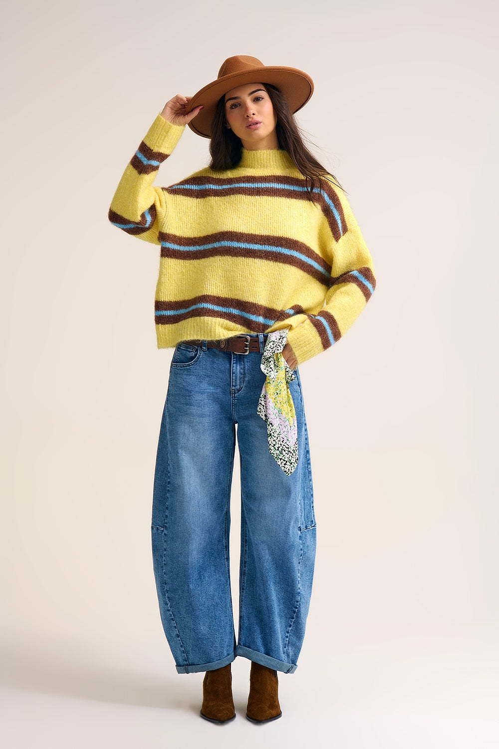 Calças de ganga de perna larga Barrel Blue Denim em lavagem clara