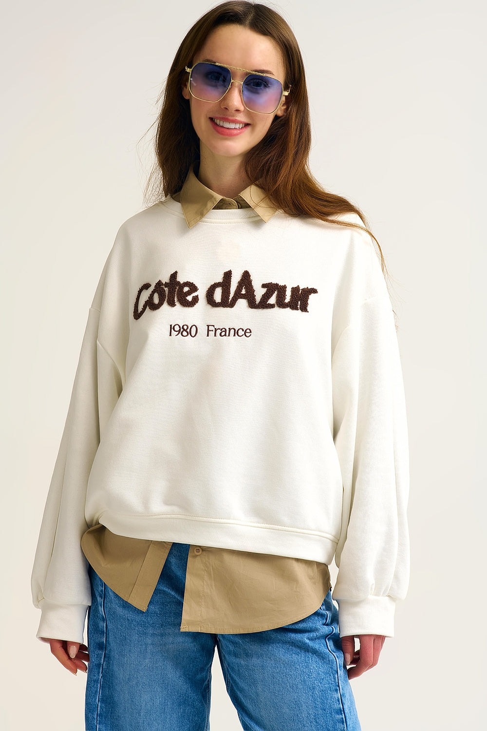 Camisola Côte d'Azur bordada em creme