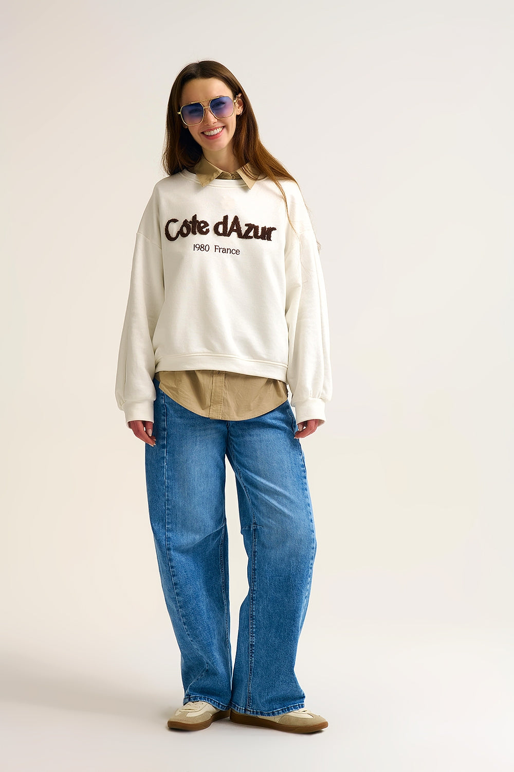 Camisola Côte d'Azur bordada em creme