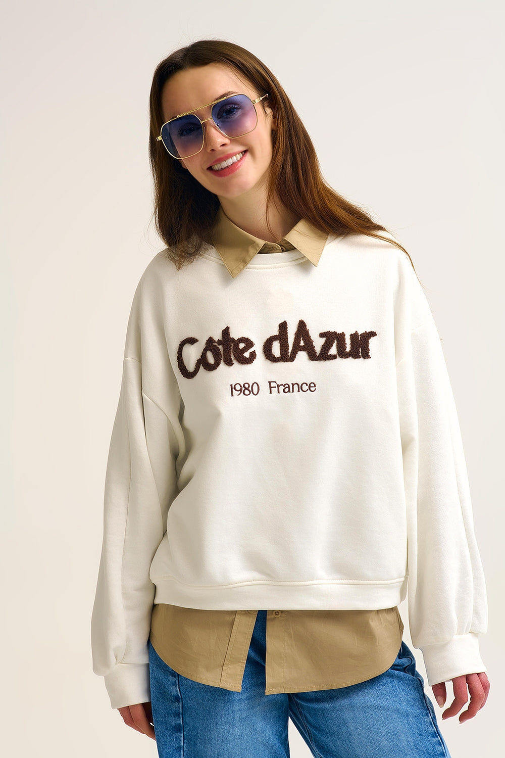 Camisola Côte d'Azur bordada em creme