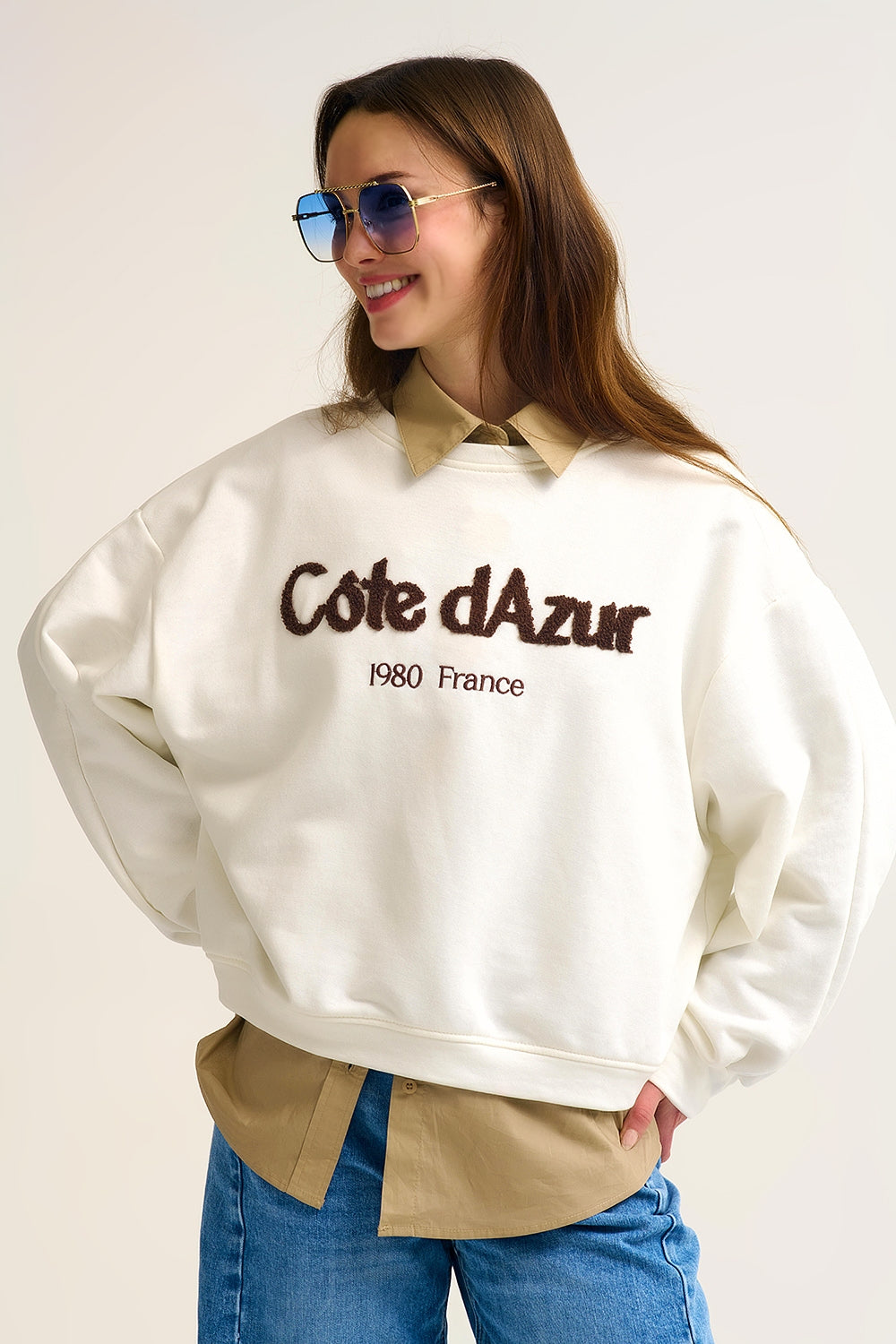Camisola Côte d'Azur bordada em creme