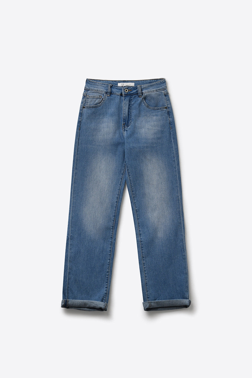 Jeans Azul Mid Wash com Perna Reta no Estilo Mom Fit