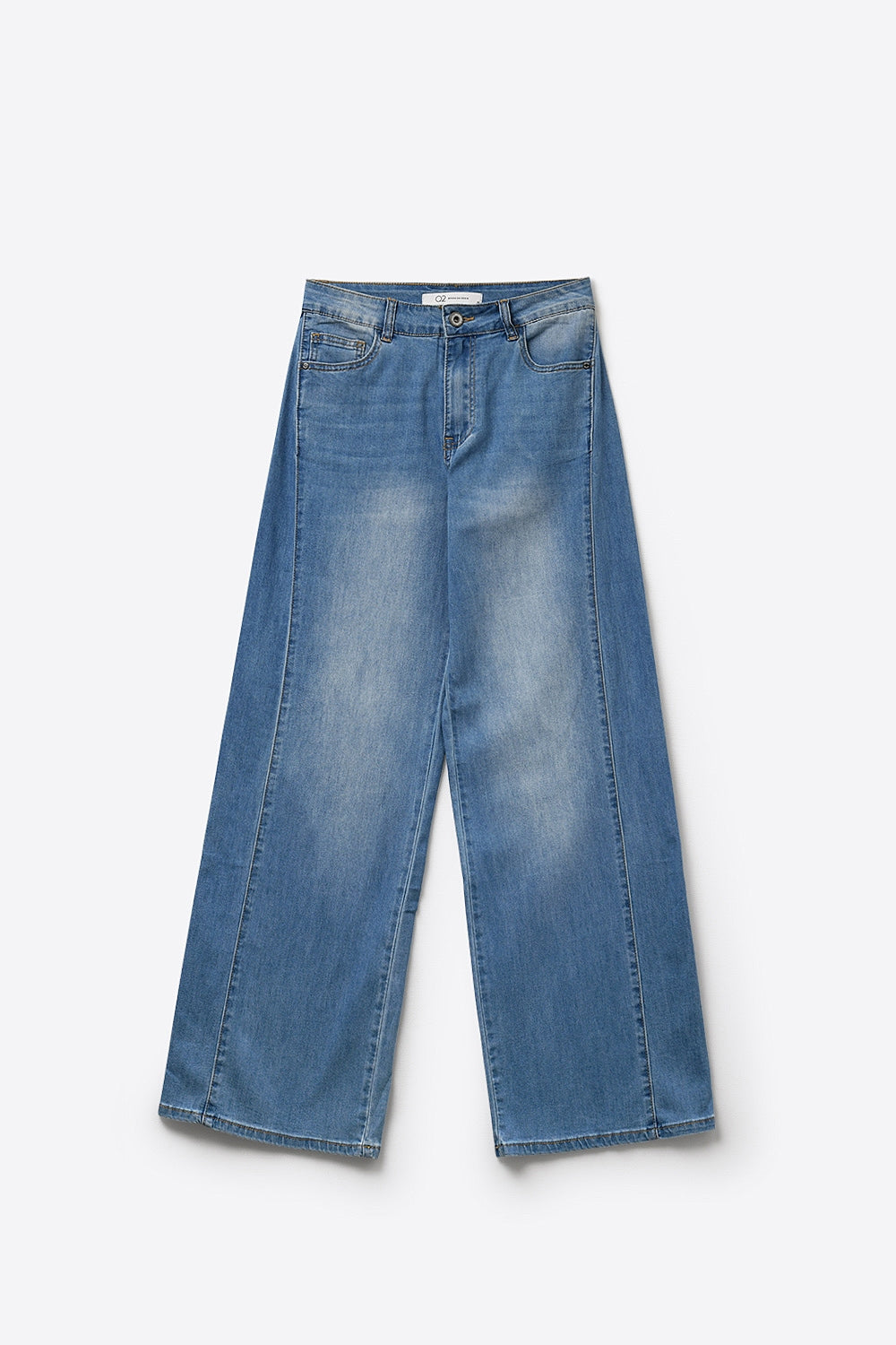 Calça Jeans Azul de Pernas Largas e Lavagem Clara com costuras laterais