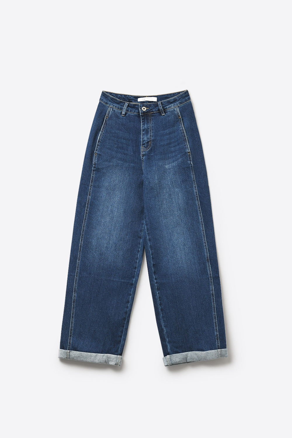 Jeans Azul Escuro de Pernas Largas com Bolsos Laterais