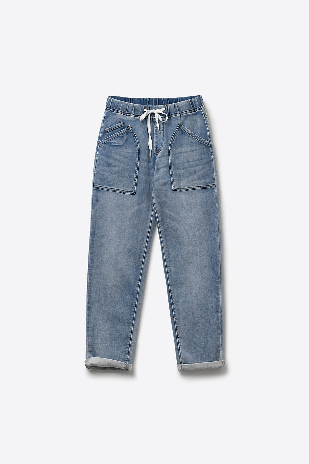 Calças Jeans Denim Azul Claro Estilo Jogger com Cintura de Cordão