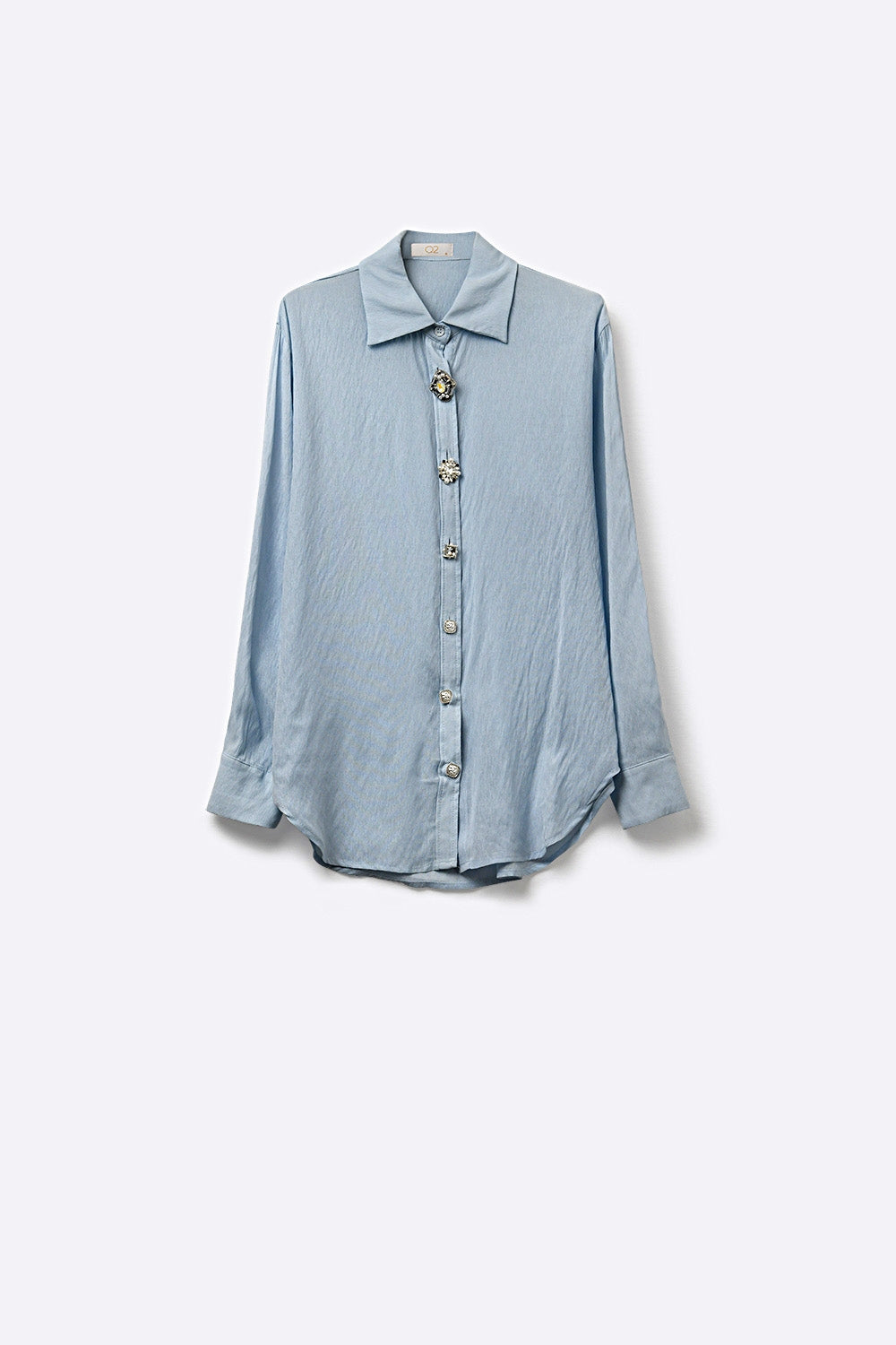 Blusa Azul Claro com Botões Decorados em Tecido Tencel