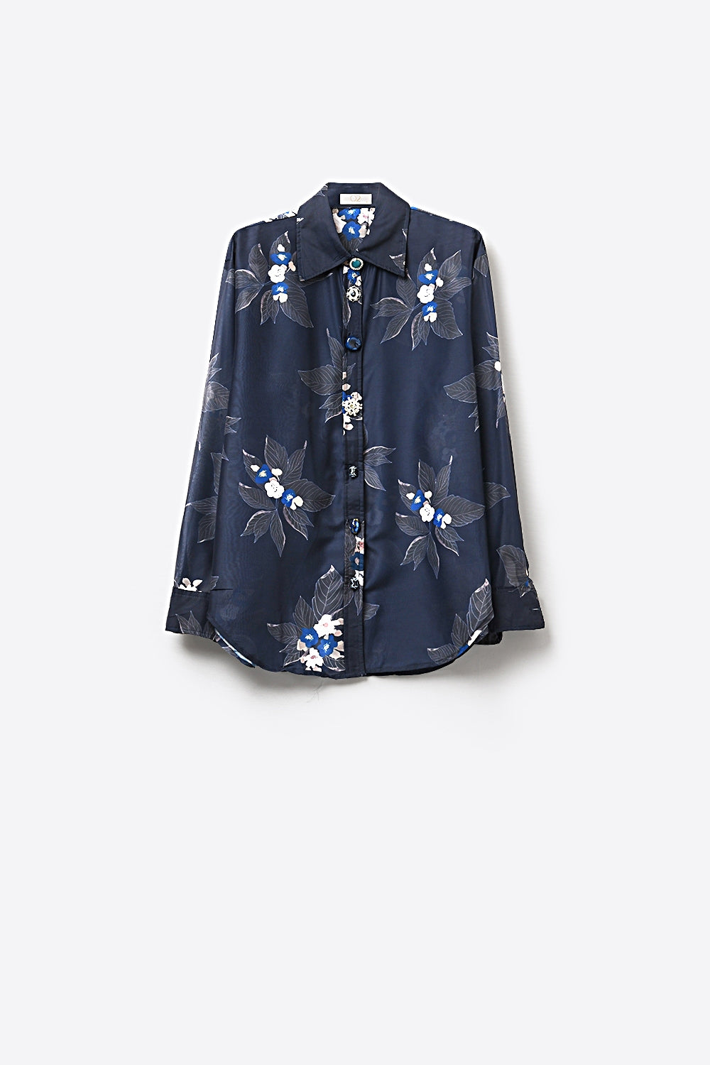 Camisa Azul-Marinho com Estampa Floral e Botões em Chiffon com Mangas Compridas