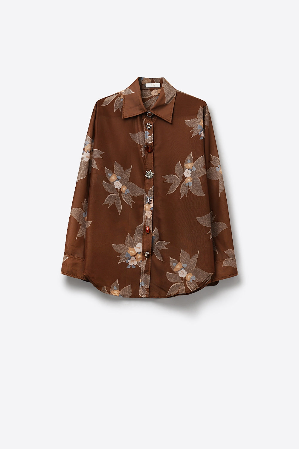 Camisa Marrom de Chiffon com Estampa Floral e Botões na Frente de Manga Longa
