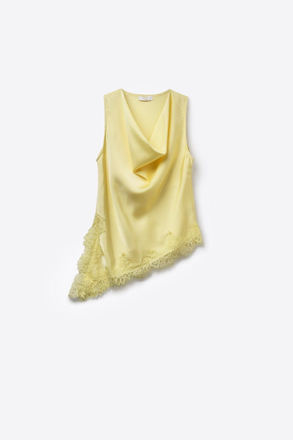 Top de cetim amarelo sem mangas com rebordo em renda