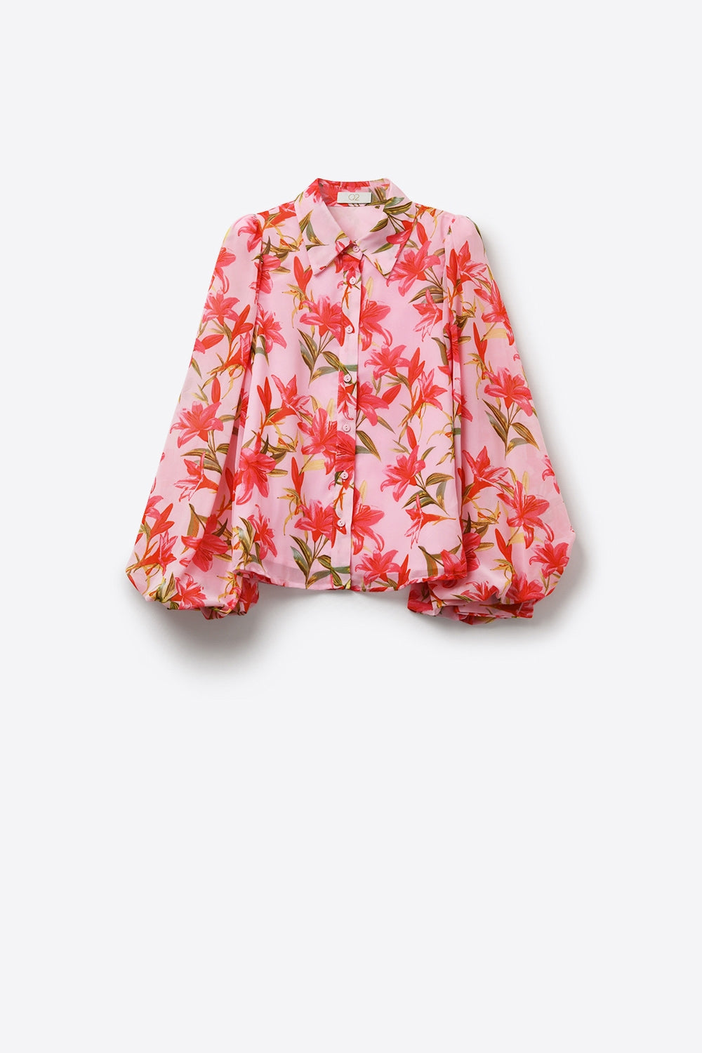 Blusa de Chiffon com Estampa Floral Rosa e Mangas Bufantes com Botões