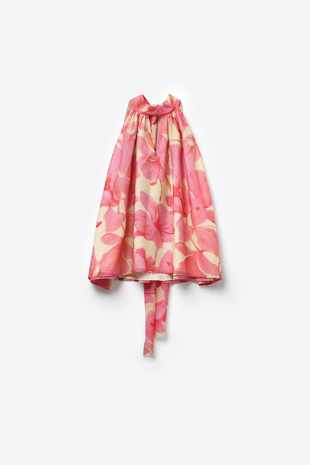 Top cor-de-rosa floral em chiffon macio com halteres