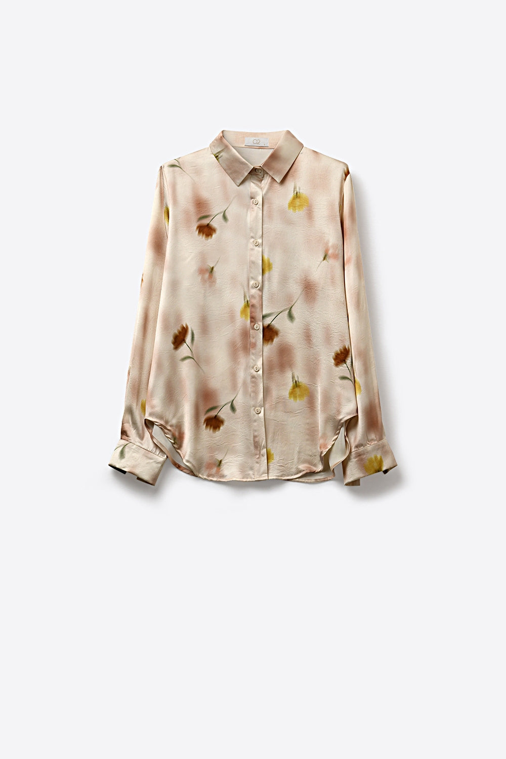 Camisa Bege de Cetim com Estampa Floral e Botões