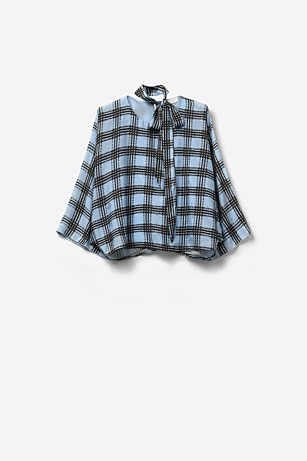 Blusa de chiffon azul com estampado xadrez com mangas largas e laço no pescoço