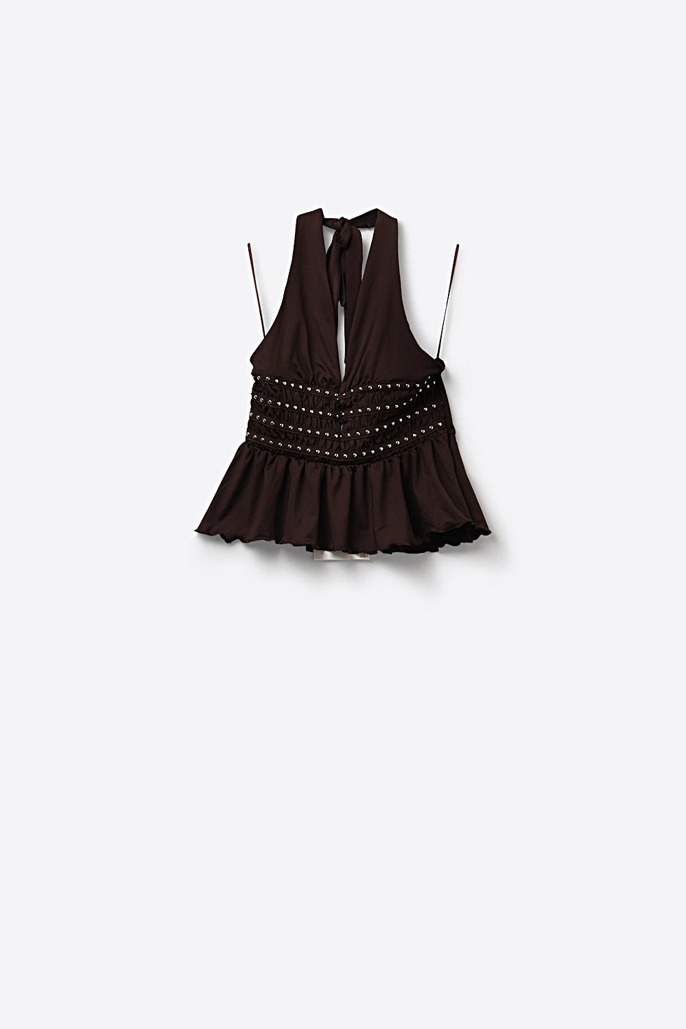 Top Halter Marrom com Detalhes de Tachas e Peplum Franzido