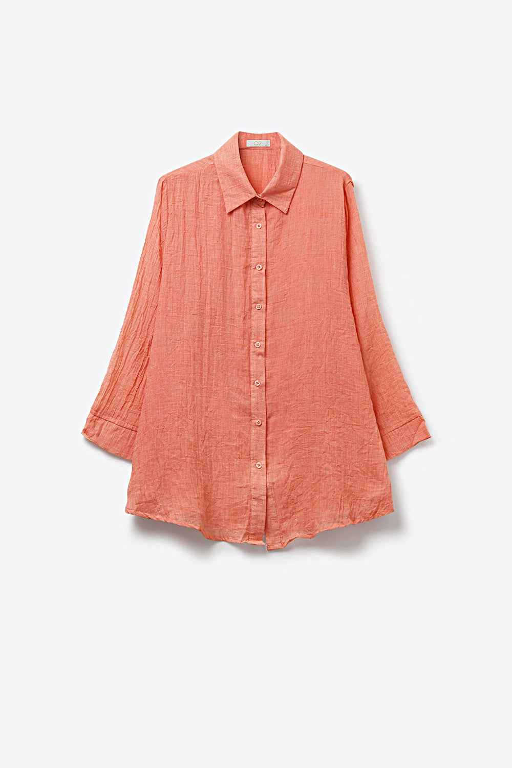 Camisa túnica coral com botões com tecido transparente e amassado