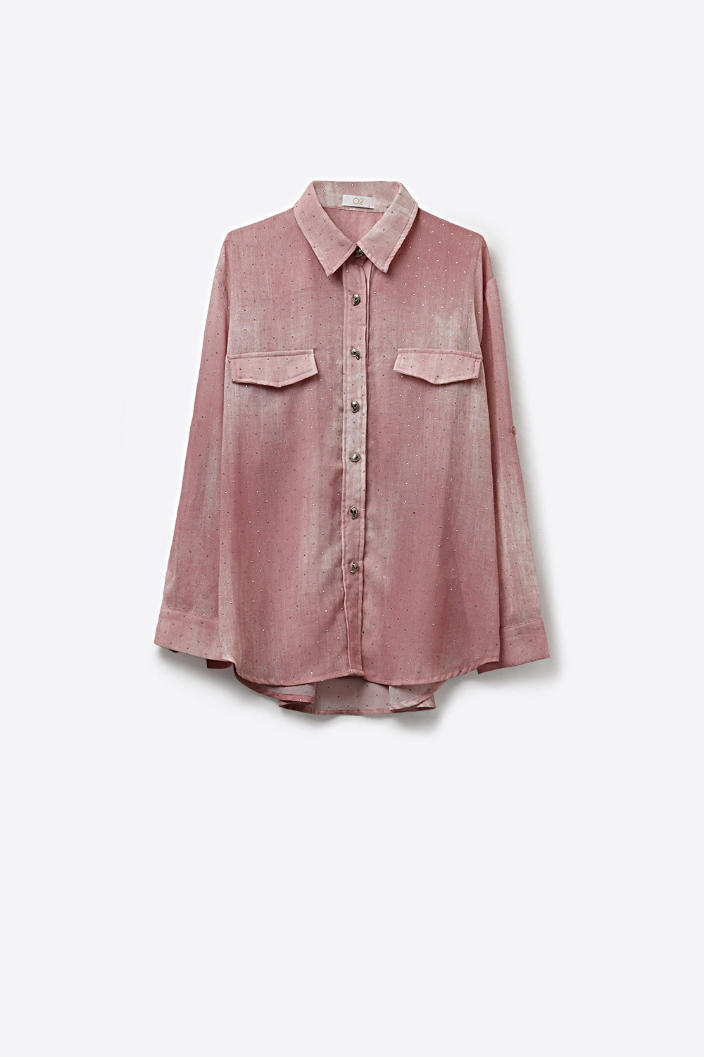 Camisa de chiffon rosa com detalhes em strass e bolsos no peito