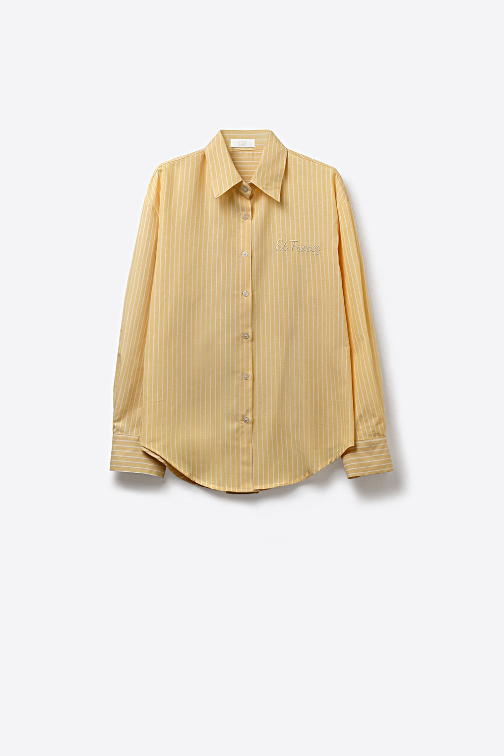 Camisa Amarela de Botões com Risca de Giz e Bordado St. Tropez