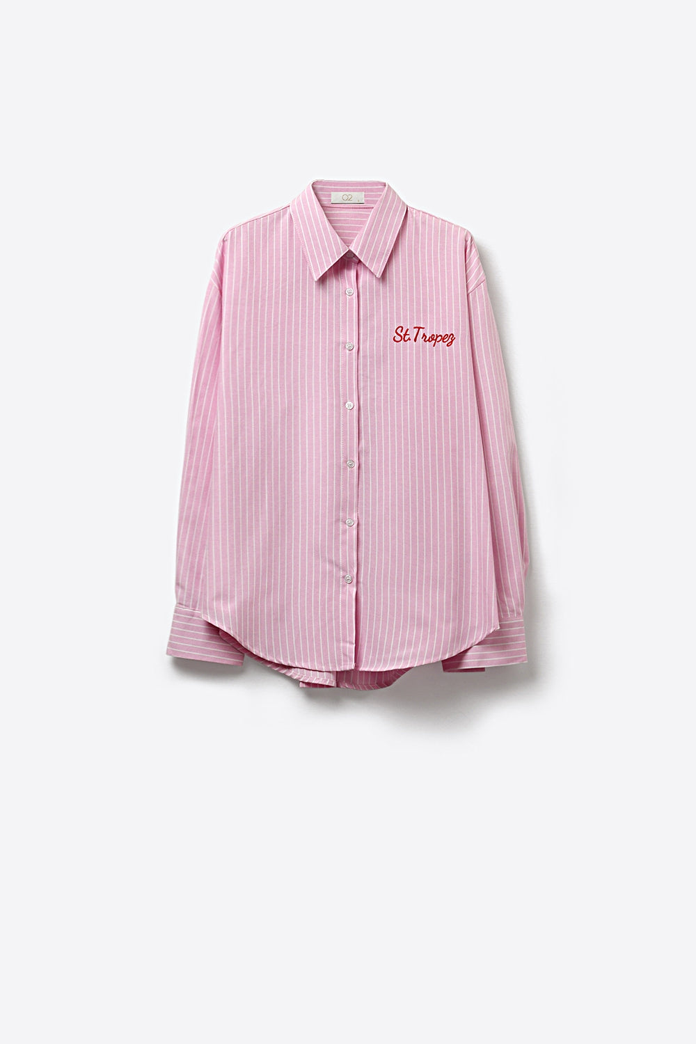 Camisa com botões às riscas cor-de-rosa com pormenores bordados