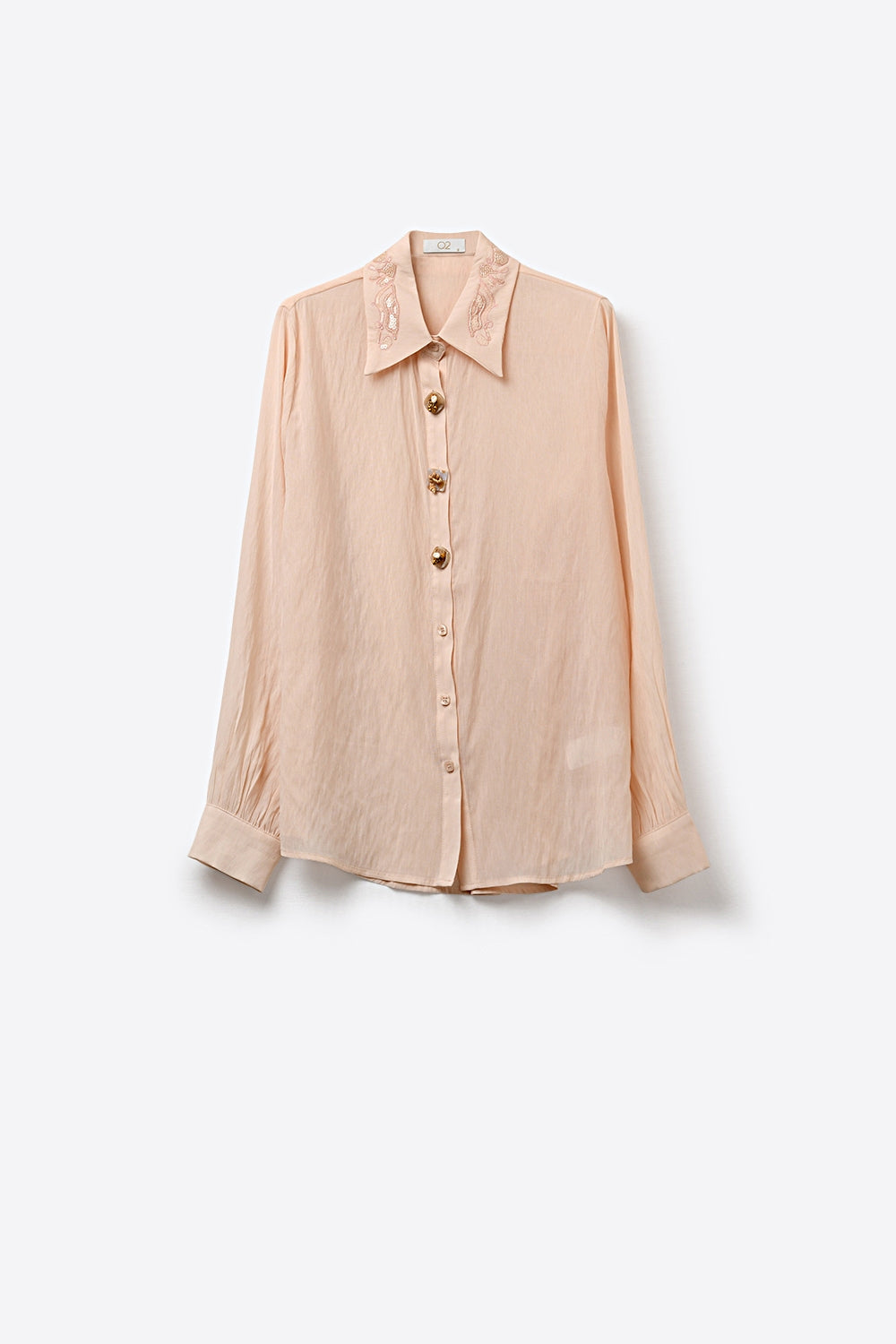 Camisa Rosa Semi-Transparente com Gola Bordada com Lantejoulas