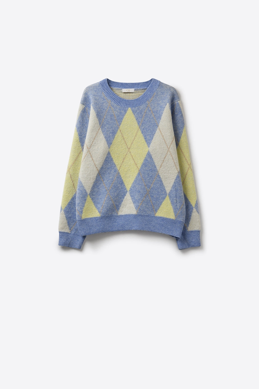 Camisola com padrão de diamantes azul e amarelo em malha macia e fofa