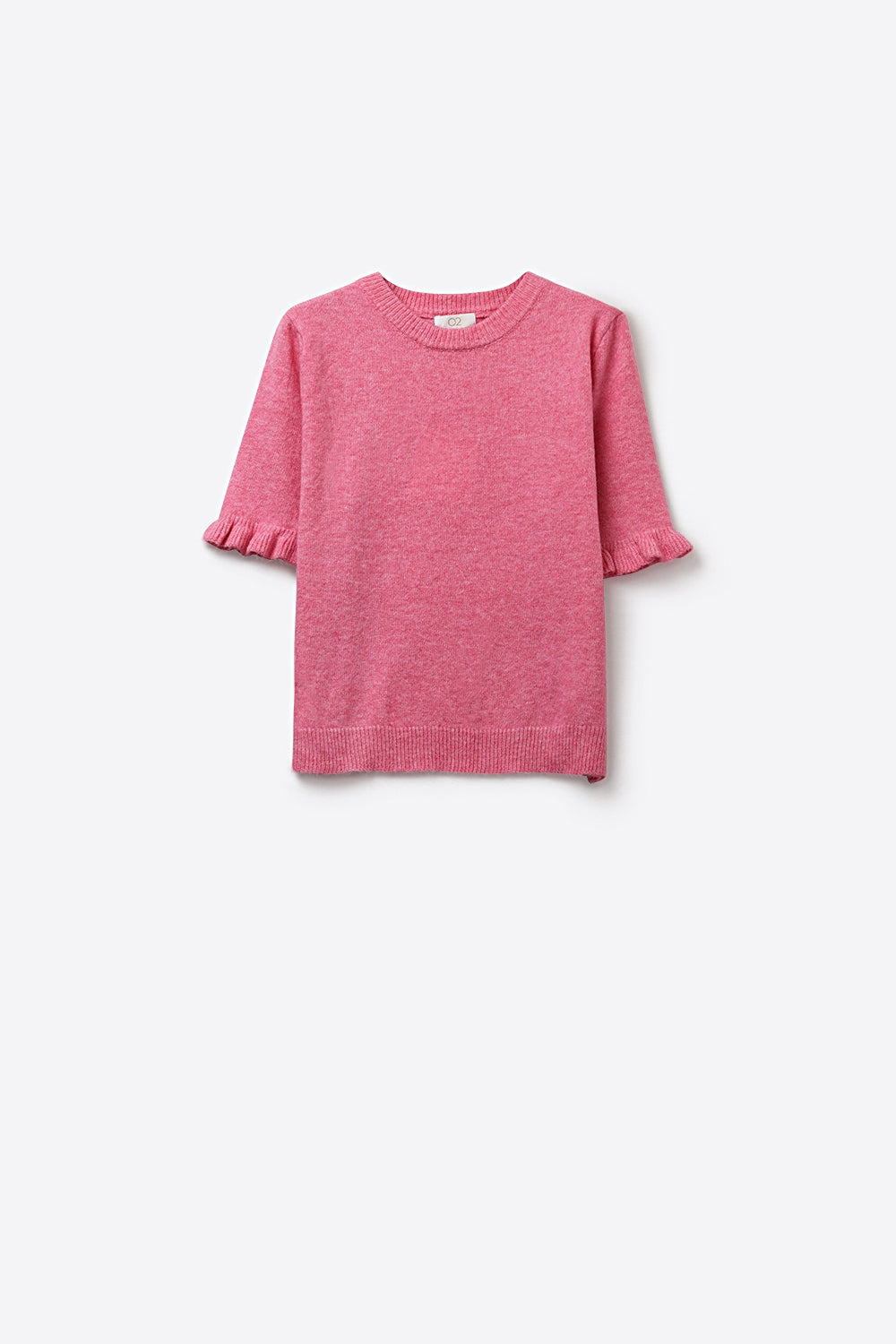 Camisola de malha macia e fofa cor-de-rosa com pormenor de manga com folhos