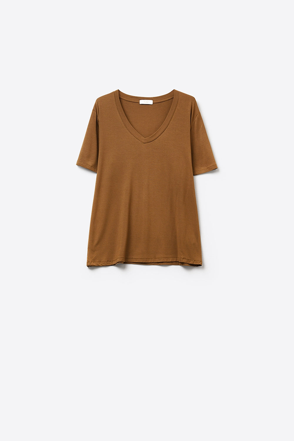 Camiseta marrom de malha macia e larga com decote em V em tecido de viscose