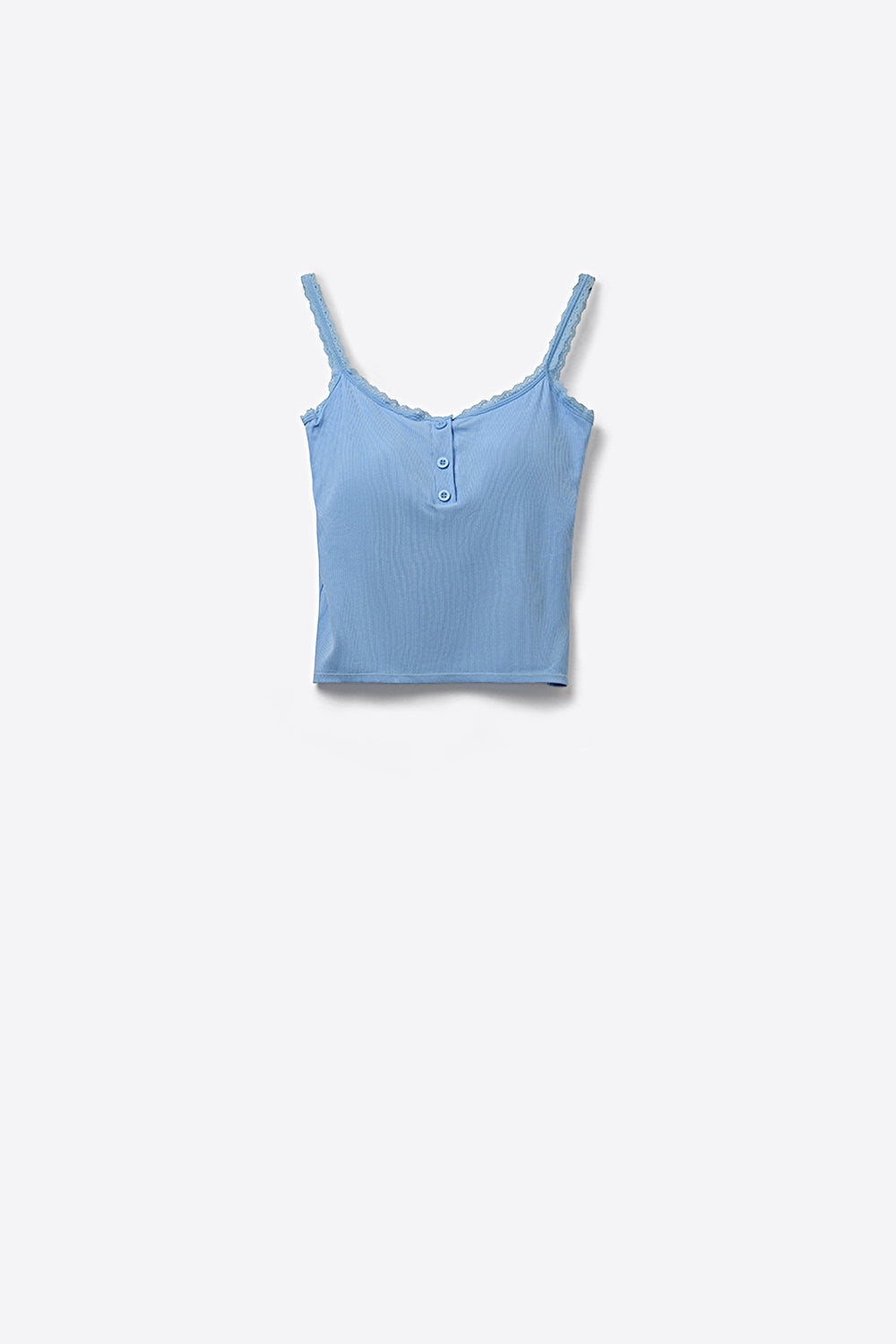 Top Cropped Azul Claro de Malha Canelada com Detalhes de Botões