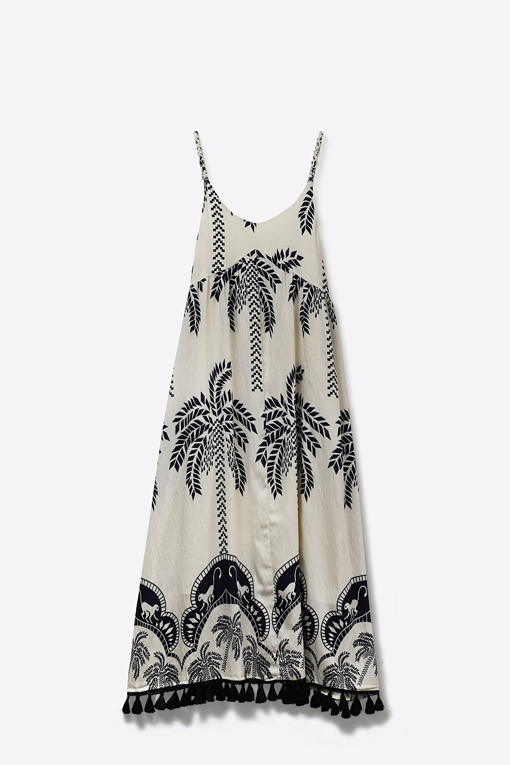 Vestido Maxi Creme com Estampa de Palma Azul-Marinho e Tasséis