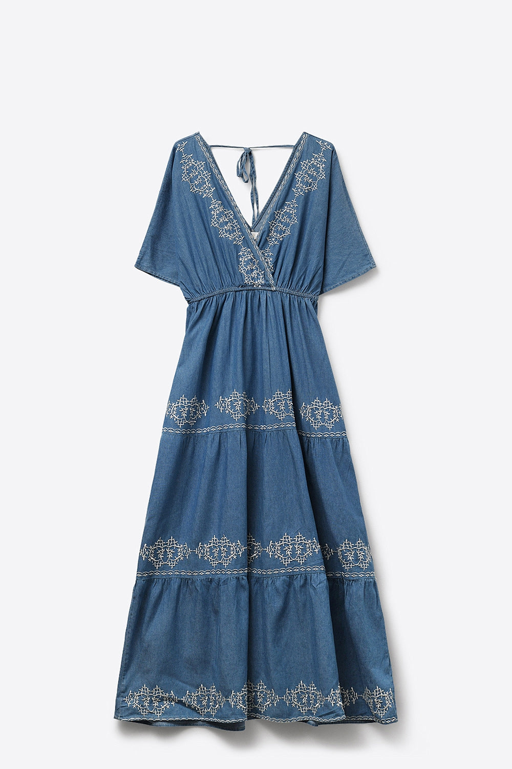 Vestido maxi bordado azul com decote em V