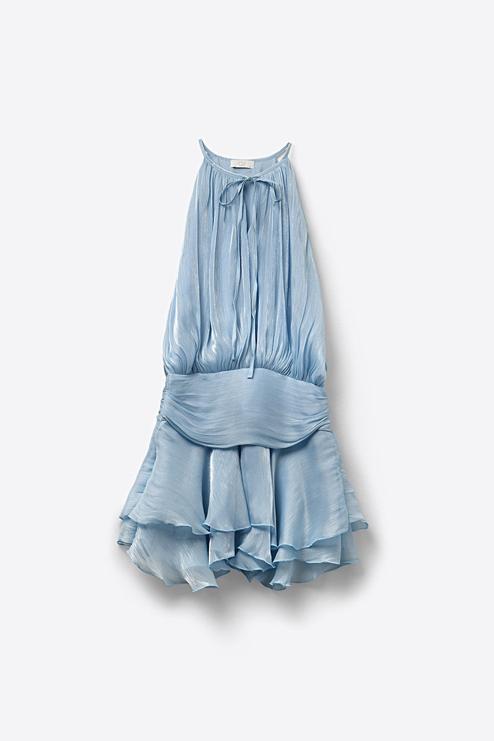 Vestido Mini Azul Claro com Decote Halter em Tecido de Chiffon Brilhante