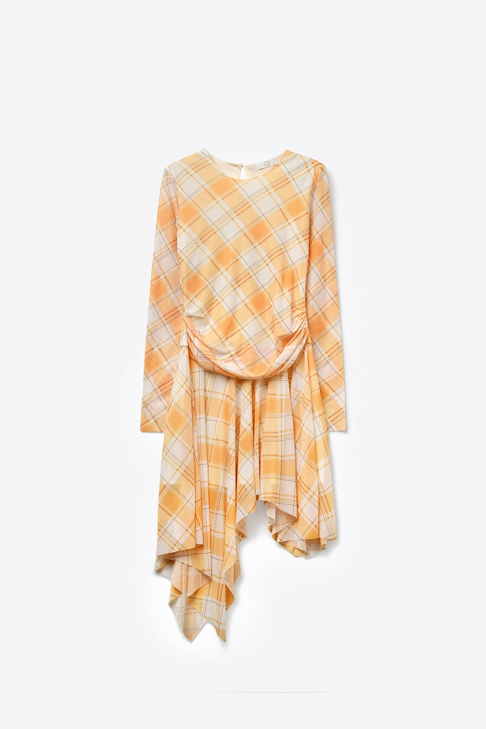 Vestido Assimétrico de Manga Longa em Tecido de Malha Xadrez Laranja