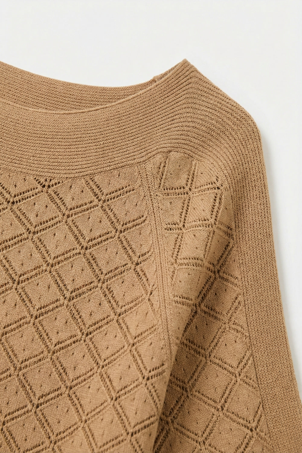 Camisola de Malha de Manga Curta em Camelo com Padrão Texturizado