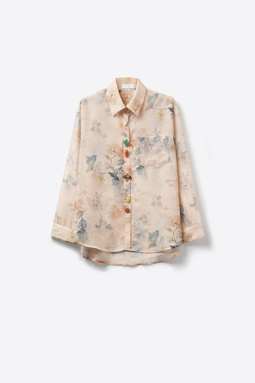 Blusa bege com botões e estampada floral