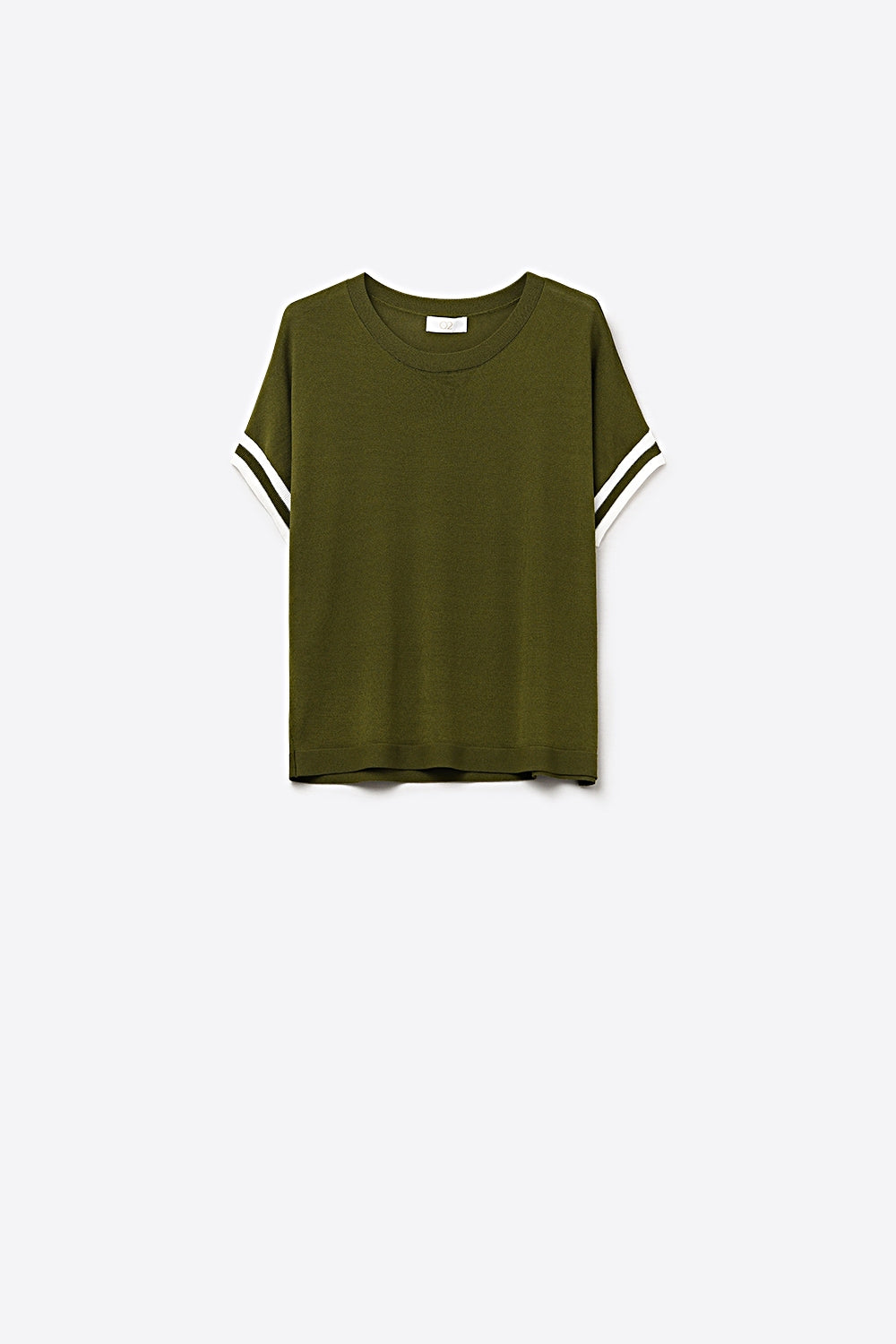Suéter de malha fina verde-oliva com punhos listrados