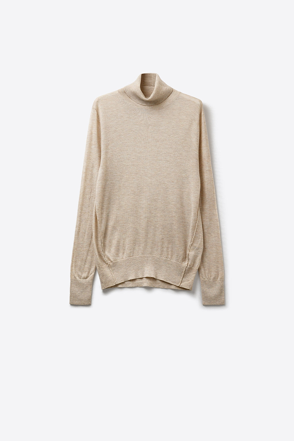 Camisola de gola alta bege em malha fina de lã merino