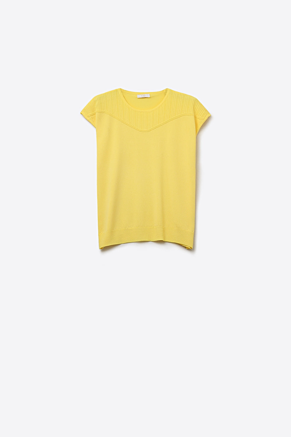 Suéter de Malha Amarelo de Manga Curta com Detalhe Canelado