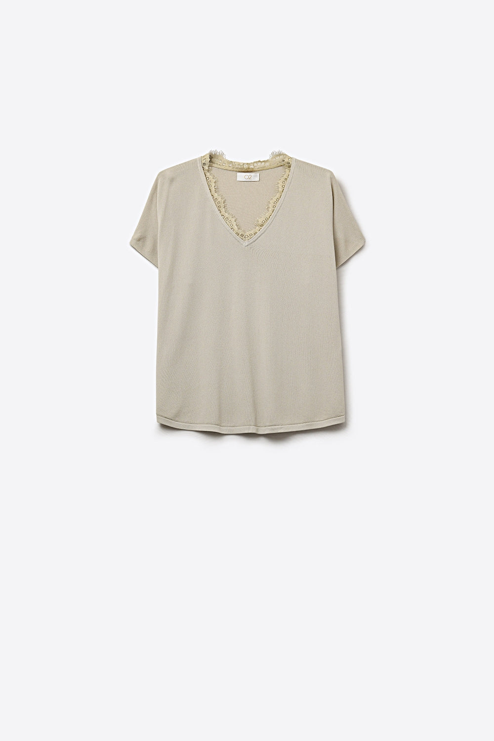 Camisola de malha fina e macia com decote em V e acabamento em renda em bege