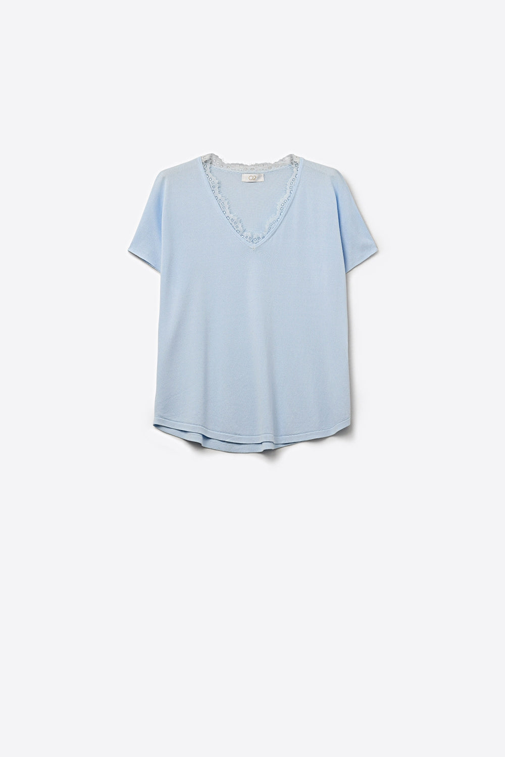 Camisola de malha fina e macia com decote em V e acabamento em renda em azul bebé
