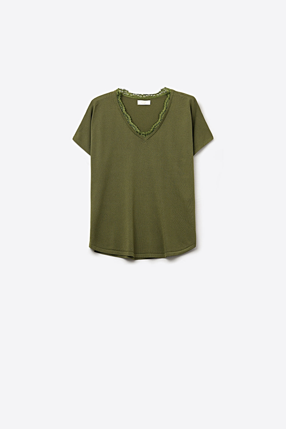 Camisola de malha fina e macia com decote em V e acabamento em renda em caqui