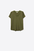 Camisola de malha fina e macia com decote em V e acabamento em renda em caqui