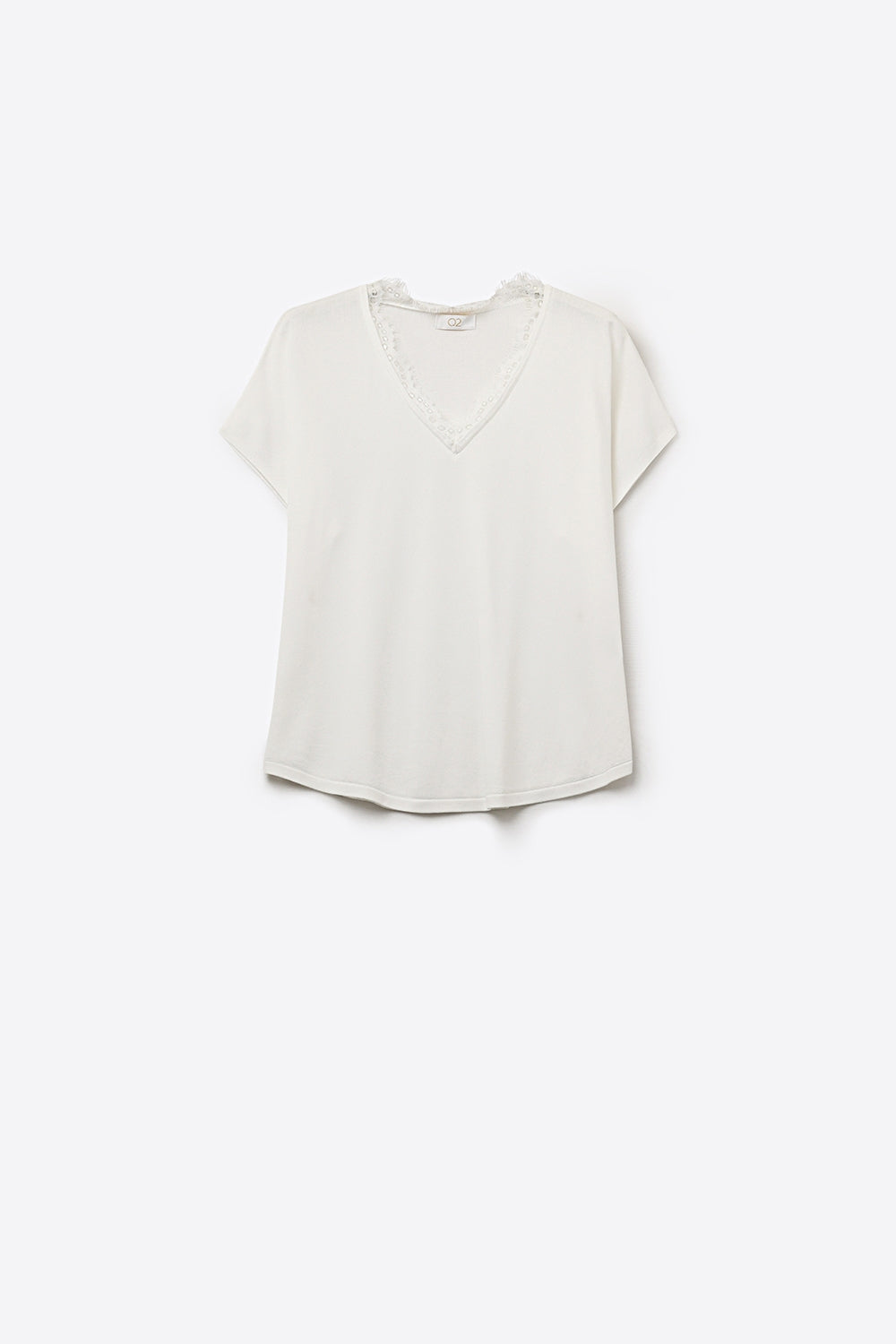 Camisola de malha fina e macia com decote em V e acabamento em renda em branco