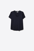 Camisola de malha fina e macia com decote em V e acabamento em renda em azul-marinho