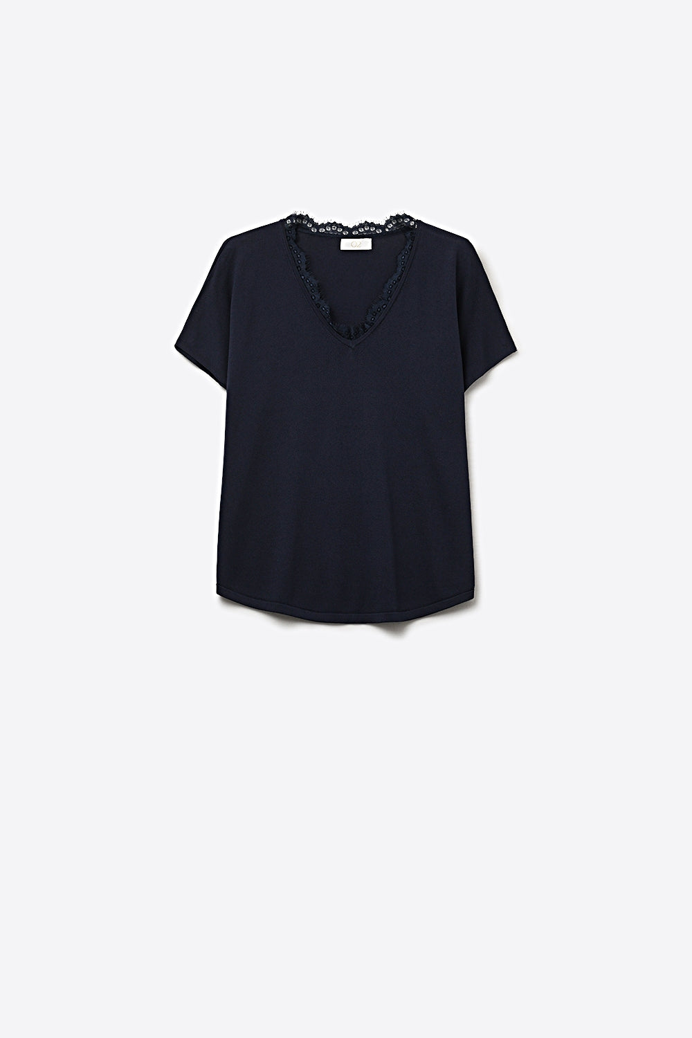 Camisola de malha fina e macia com decote em V e acabamento em renda em azul-marinho